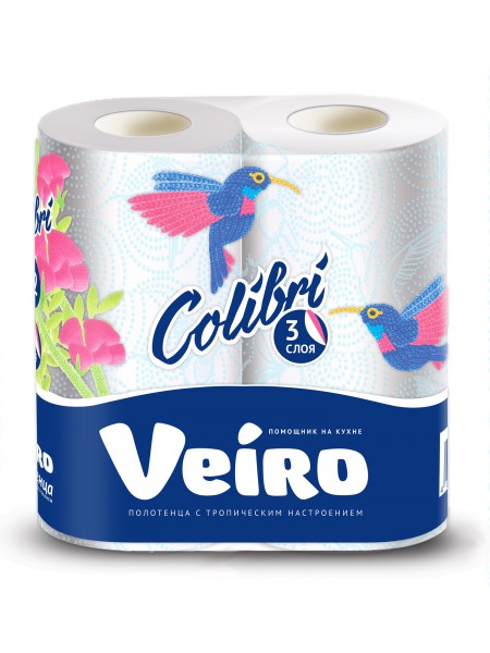 Полотенца бумажные "Veiro" Colibri, 3сл., 2 рул., белые с цветным тиснением, г.Сыктывкар 60 л.